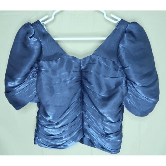 DO+BE Iridescent Blue Top Balloon Sleeves Cropped Blouse Women's Medium EUC - Picture 6 of 12